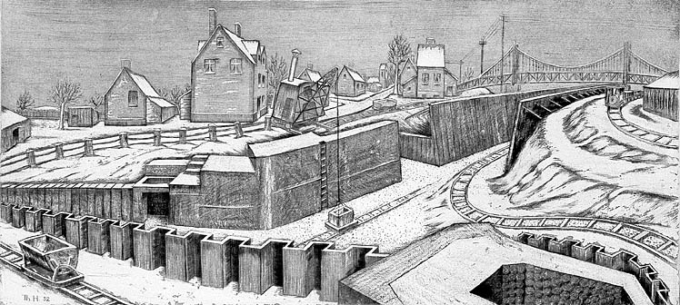 Theo Hlscher: Schleusenbau im Winter, Radierung (1932)